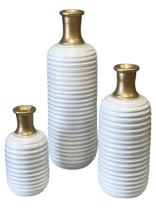 Trio de vases artisanaux en céramique blanc et or 40 cm - Kiabi