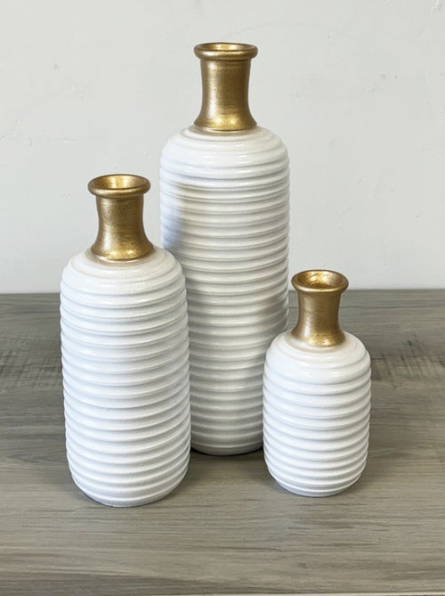 Trio de vases artisanaux en céramique blanc et or 40 cm - Kiabi