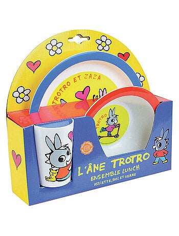 Trotro ensemble repas incluant 1 verre 220 ml, 1 assiette et 1 bol micro-ondables pour enfant