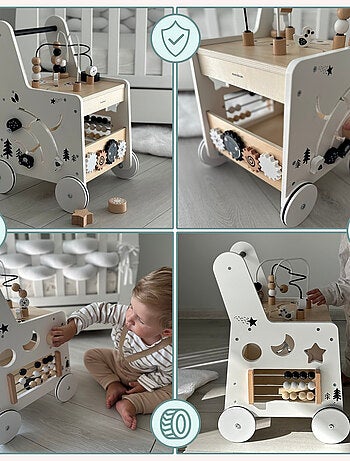 Trotteur Bébé Bois, Table D'activité Poignée Confortable, Roues Antidérapantes