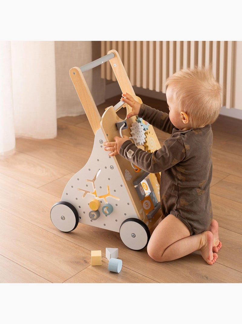 Trotteur Éducatif Bois avec Tableau de Manipulation, Hauteur Réglable 58-66cm - Jouet d'Éveil Bébé Blanc - Kiabi