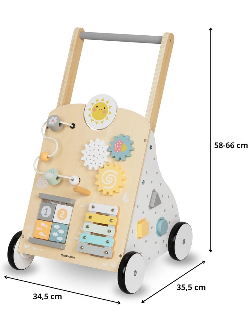 Trotteur Éducatif Bois avec Tableau de Manipulation, Hauteur Réglable 58-66cm - Jouet d'Éveil Bébé Blanc - Kiabi