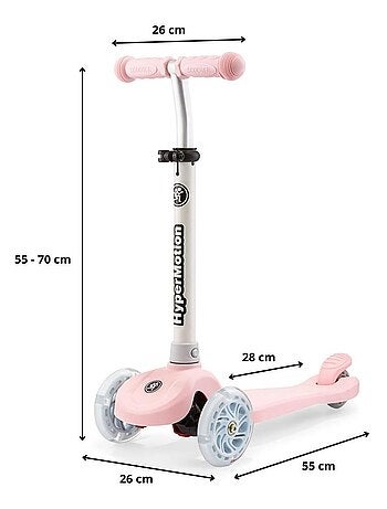 Trottinette 3 roues LED rose réglable max 50kg HyperMotion