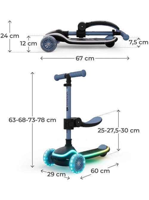 Trottinette Kinderkraft RAKET UP 2 en 1 pliable, siège ajustable 25–30 cm, roues RGB - Kiabi
