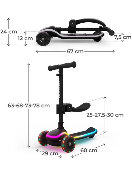 Trottinette Kinderkraft RAKET UP 2 en 1, siège réglable 25–30 cm, roues RGB, pliable - Kiabi
