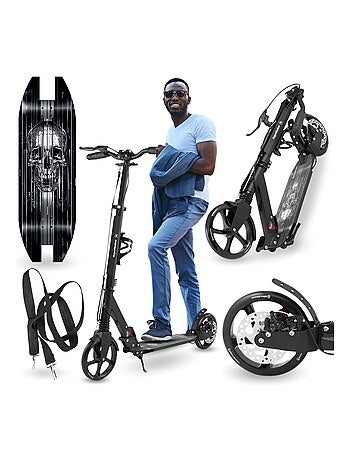 Trottinette noire pour enfant - jusqu'à 100kg - 2 amortisseurs - Pliable - 2 Freins- Aluminium