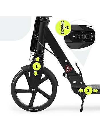 Trottinette noire pour enfant - jusqu'à 100kg - 2 amortisseurs - Pliable - 2 Freins- Aluminium