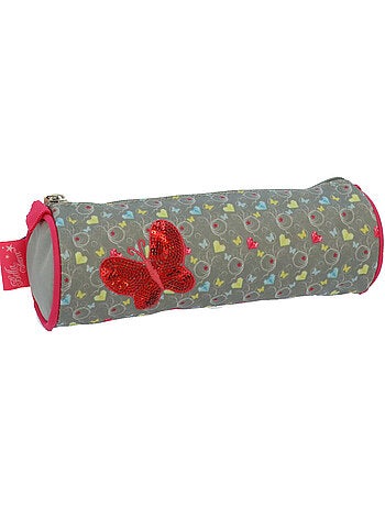 Trousse cylindrique tissu imprimé papillons sequins bella sara