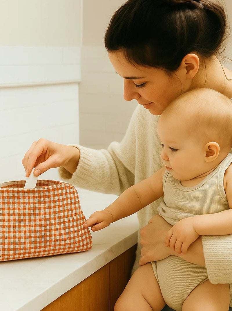 Trousse de Toilette en Coton Bio Vichy Orange - Kiabi