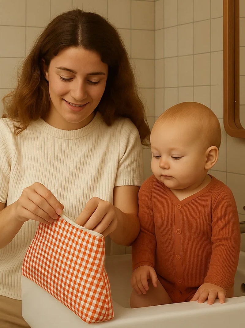 Trousse de Toilette en Coton Bio Vichy Orange - Kiabi