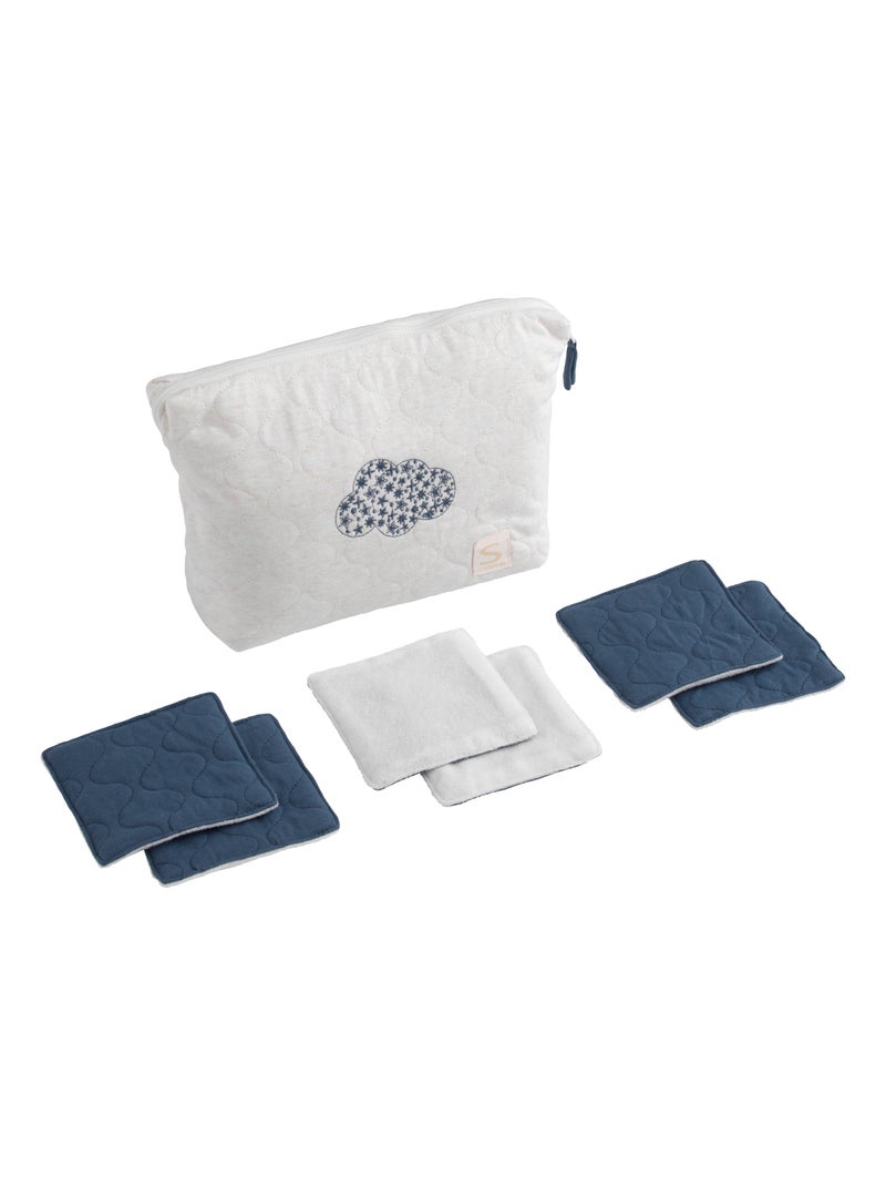 Trousse de toilette en coton matelassé et 6 carrés éponge - Blanc Bleu - Kiabi