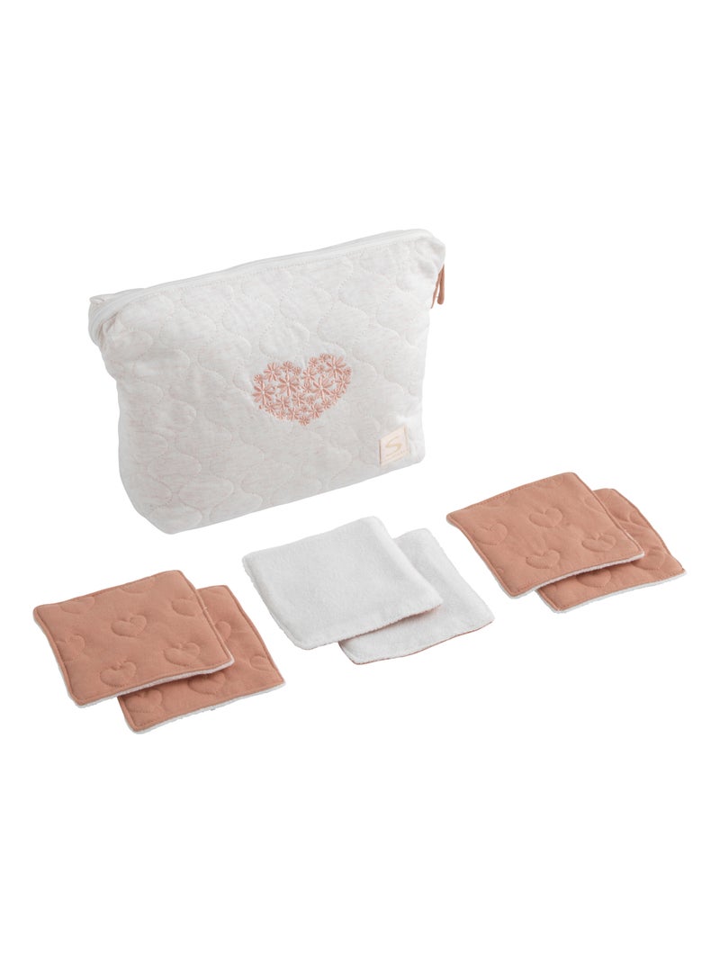 Trousse de toilette en coton matelassé et 6 carrés éponge - Blanc Rose - Kiabi