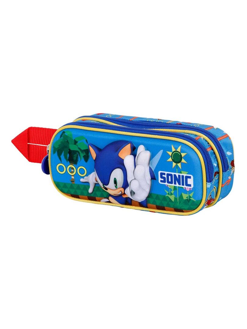 Trousse Scolaire Sonic The Hedgehog 3D - Double Compartiment, 22x10 Cm, Bleu, Avec Bord Gaufré