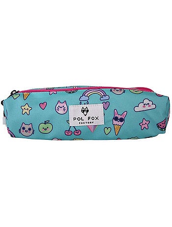 Trousse fille 2 compartiments POL FOX Kawai bleu motifs kawaii
