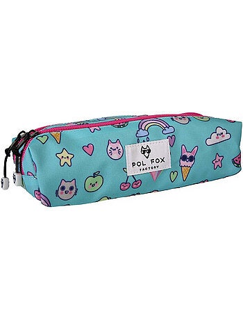 Trousse fille 2 compartiments POL FOX Kawai bleu motifs kawaii