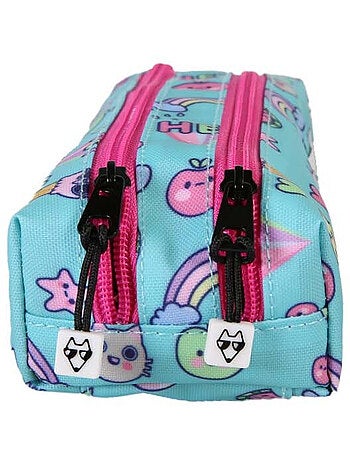Trousse fille 2 compartiments POL FOX Kawai bleu motifs kawaii