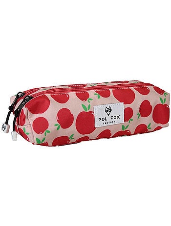 Trousse fille 2 compartiments POL FOX Pompom rose et rouge motif pomme