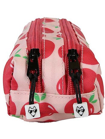 Trousse fille 2 compartiments POL FOX Pompom rose et rouge motif pomme