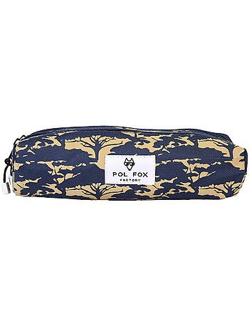 Trousse garçon 2 compartiments POL FOX Lion bleu marine et beige motif savane