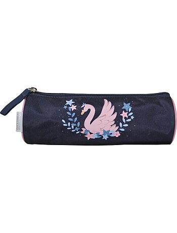 Trousse ronde scolaire fille PHILEAS Cygne bleu marine rose 1 compartiment