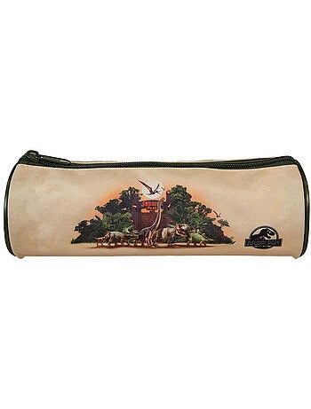 Trousse ronde scolaire garçon JURASSIC PARK beige 1 compartiment zippé