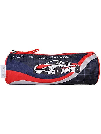Trousse ronde scolaire garçon PHILEAS Voiture bleu rouge 1 compartiment zippé
