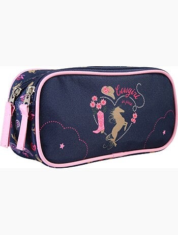 Trousse scolaire enfant double compartiment STALLA BIANCA Cow Girl bleue
