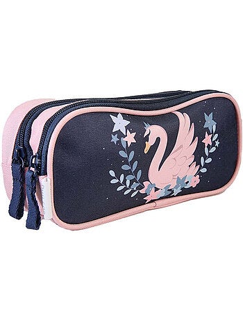 Trousse scolaire fille 2 compartiments PHILEAS Cygne bleu rose