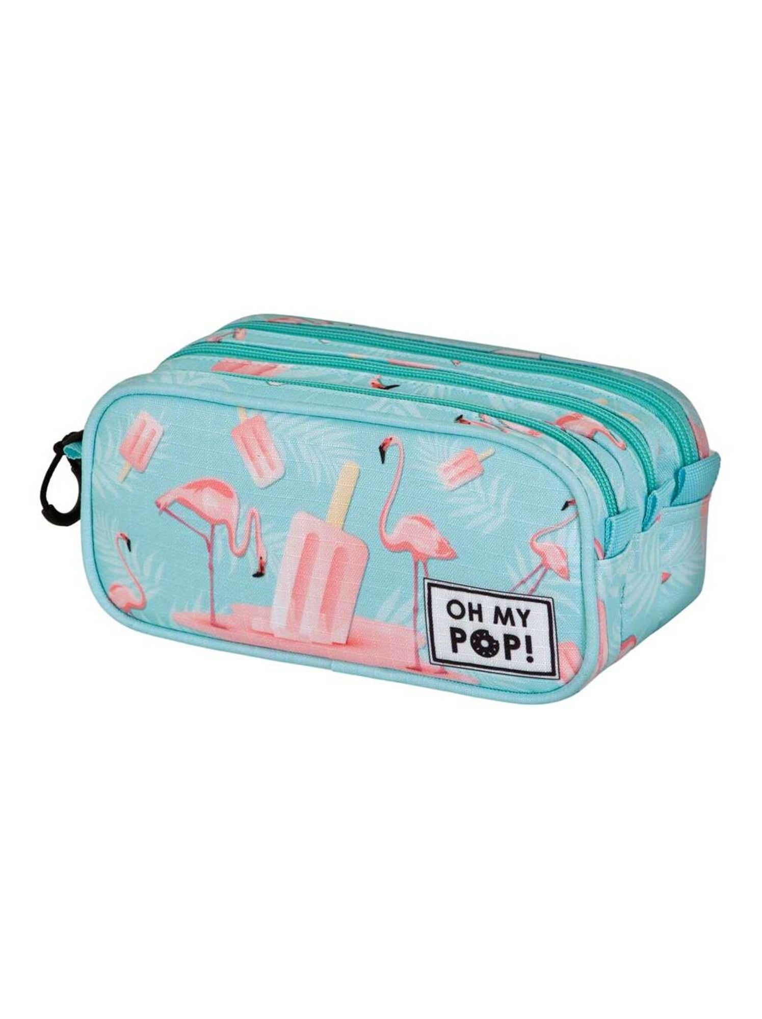 Oh My Pop! Astuccio Ice Flamingo 3 Scomparti – Turchese, Materiale Ripstop, 23x11 Cm
