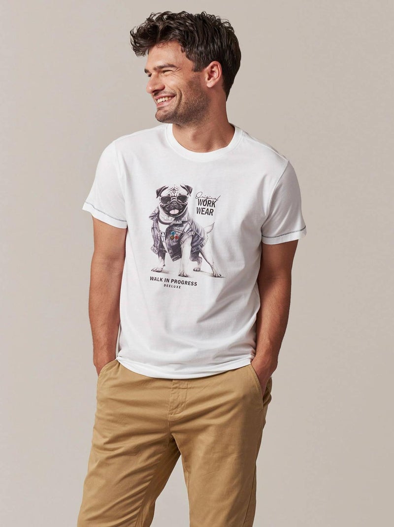 tshirt col rond avec bulldog avec une veste en jeans imprimé sur l devant 'Deeluxe' Blanc - Kiabi
