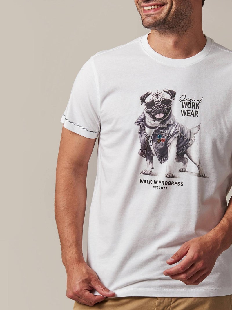 tshirt col rond avec bulldog avec une veste en jeans imprimé sur l devant 'Deeluxe' Blanc - Kiabi