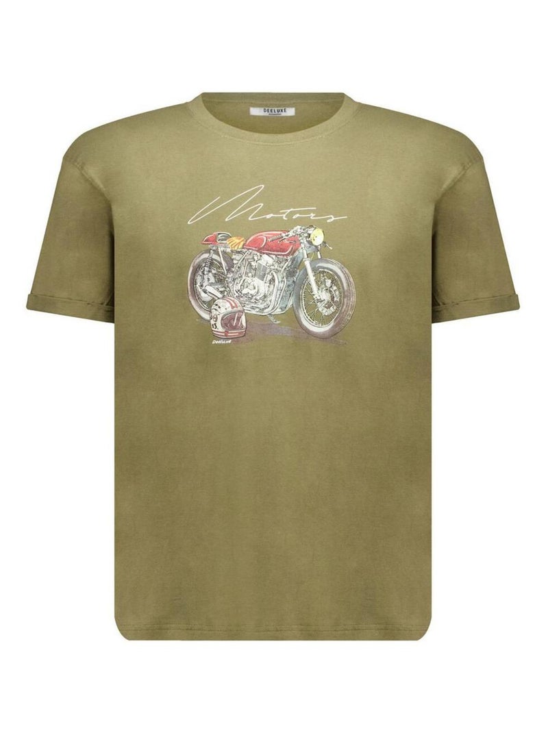 tshirt col rond avec impression moto vintage sur la poitrine 'Deeluxe' Kaki - Kiabi