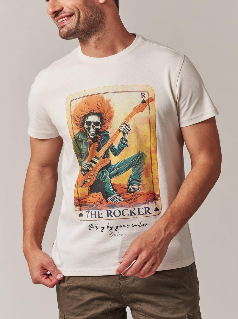 tshirt col rond avec imprimé carte avec rockeur et tête de mort 'Deeluxe' Beige - Kiabi