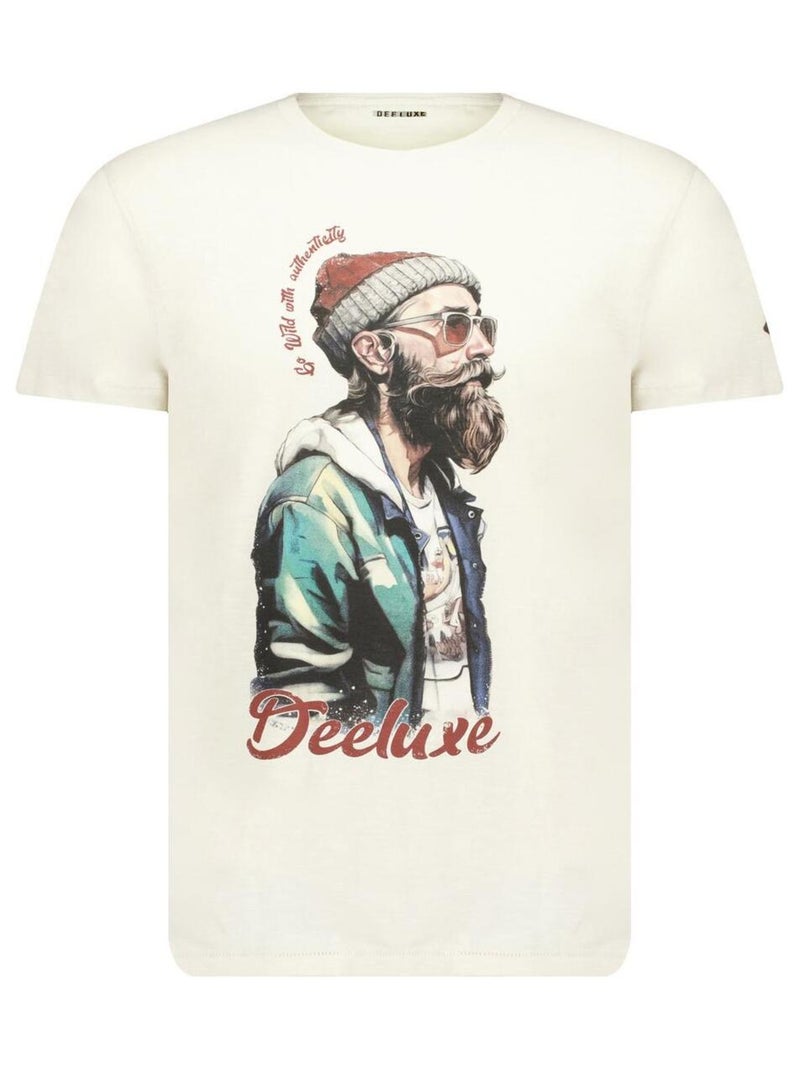 tshirt col rond avec imprimé hipster et lettrage sur le devant 'Deeluxe' Beige - Kiabi