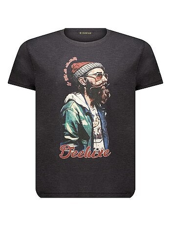 tshirt col rond avec imprimé hipster et lettrage sur le devant 'Deeluxe'