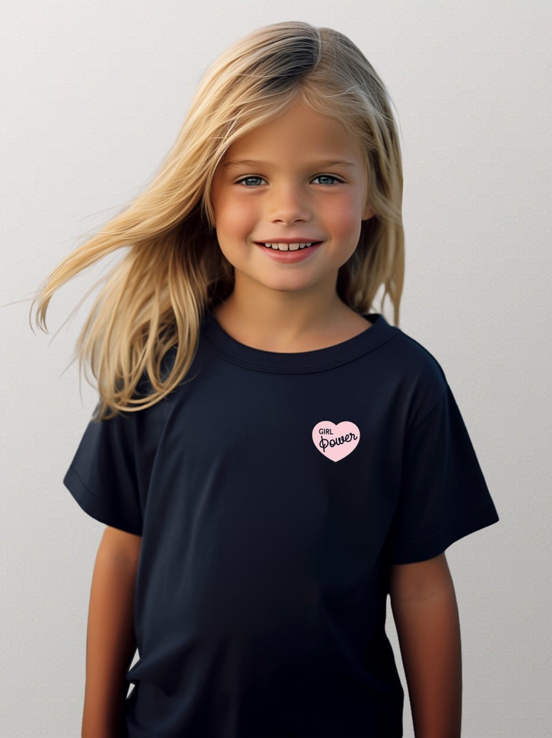 Tshirt Enfant GIRL POWER PINK HEART Bleu marine - Kiabi