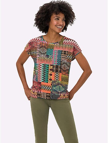 Tshirt patchwork graphique à encolure ronde et manches courtes - Taille standard - Helline