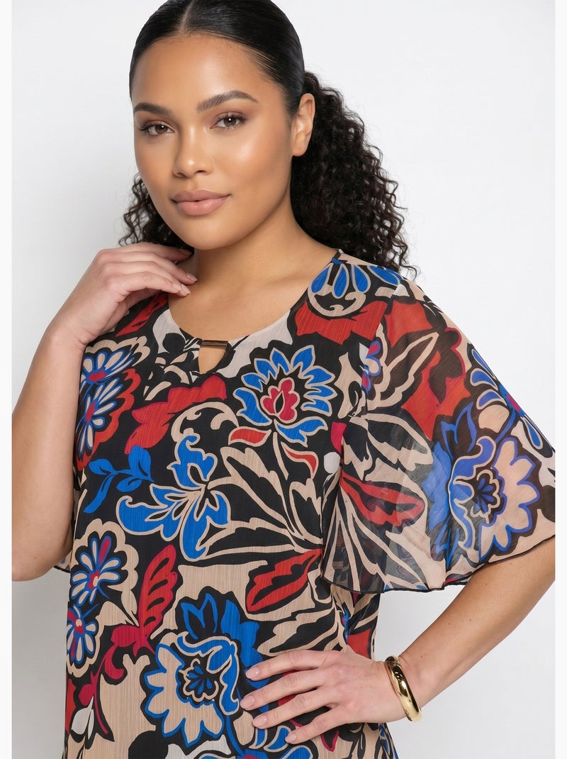 Tunique ample longue voile imprimé - Afibel Noir Ecru - Kiabi