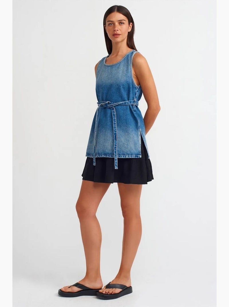 Tunique blouse en denim de coton avec lien dilvin Bleu saphir - Kiabi