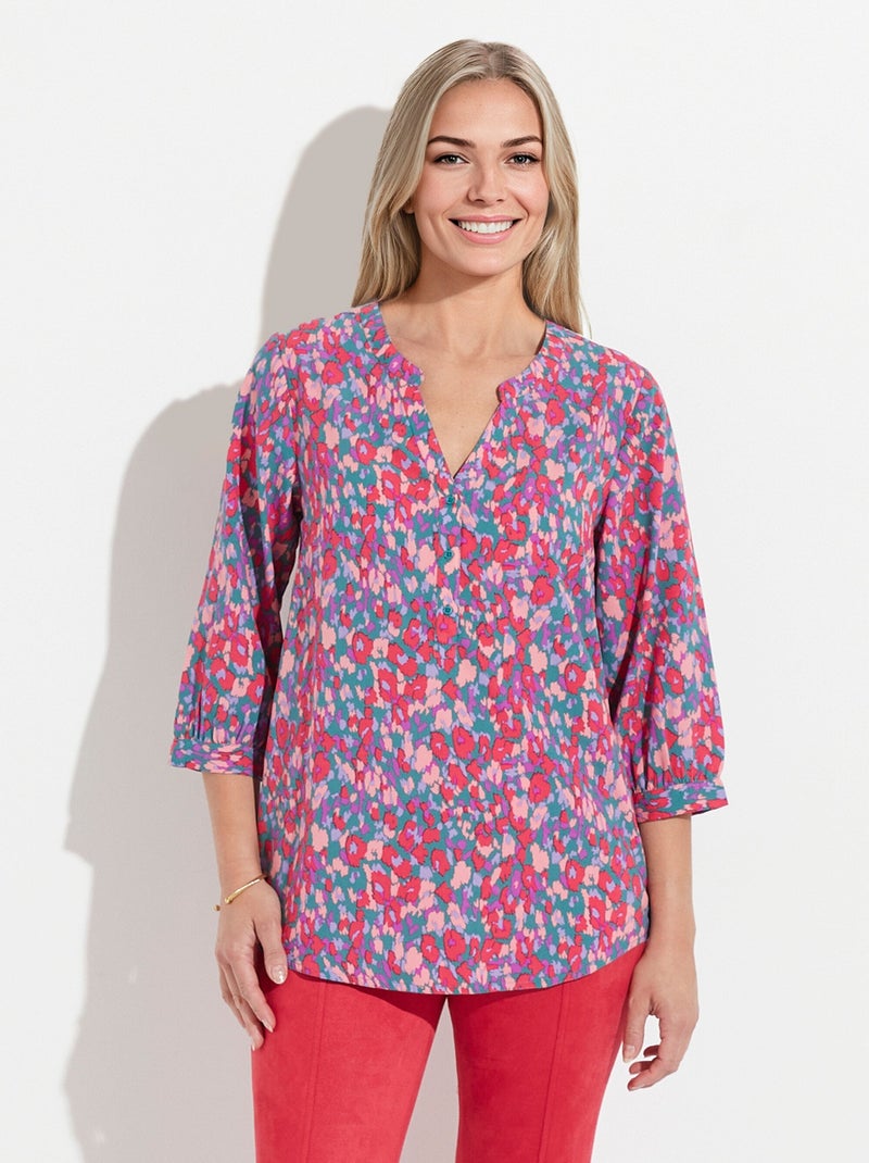 Tunique boutonnée ample longue manches 3/4 Rose/Vert - Kiabi