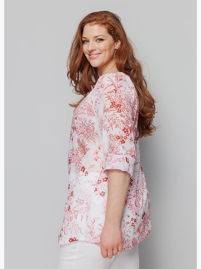 Tunique boutonnée ample voile imprimé - AFIBEL Blanc Rose - Kiabi