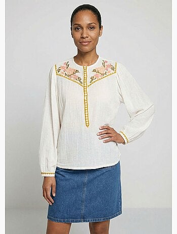 Tunique brodée ample gaze de coton boutonnée - Afibel