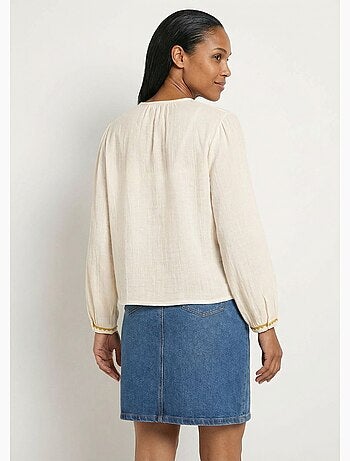 Tunique brodée ample gaze de coton boutonnée - Afibel