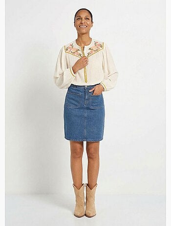 Tunique brodée ample gaze de coton boutonnée - Afibel