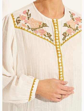 Tunique brodée ample gaze de coton boutonnée - Afibel