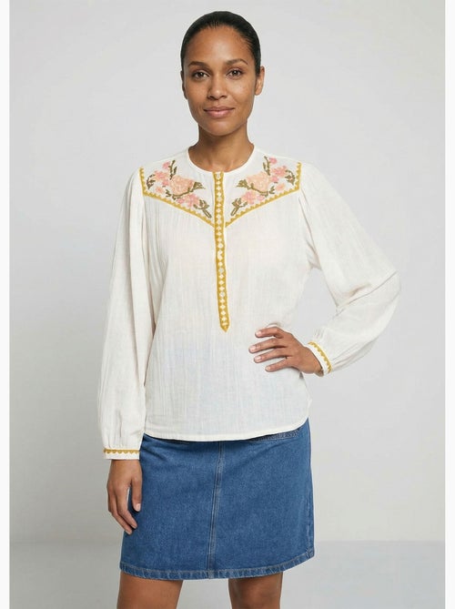 Tunique brodée ample gaze de coton boutonnée - Afibel - Kiabi