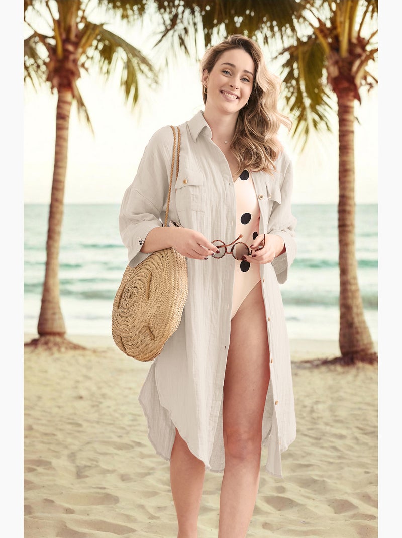 Tunique chemise femme double gaze de coton gaïa – 100% coton – boutons coco Beige - Kiabi