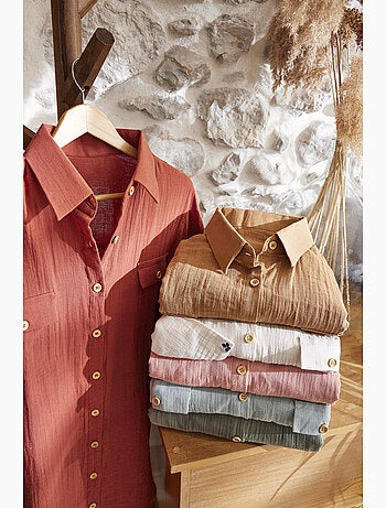 Tunique chemise femme double gaze de coton GAÏA – 100% coton – boutons coco