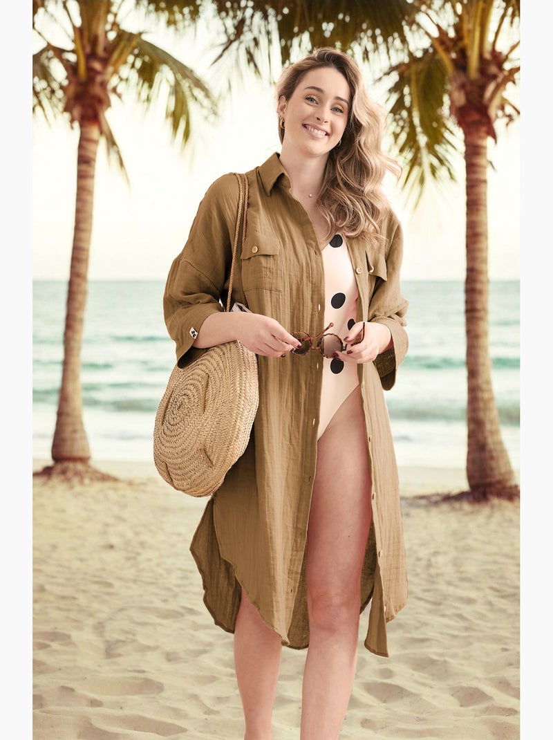Tunique chemise femme double gaze de coton GAÏA – 100% coton – boutons coco Camel - Kiabi