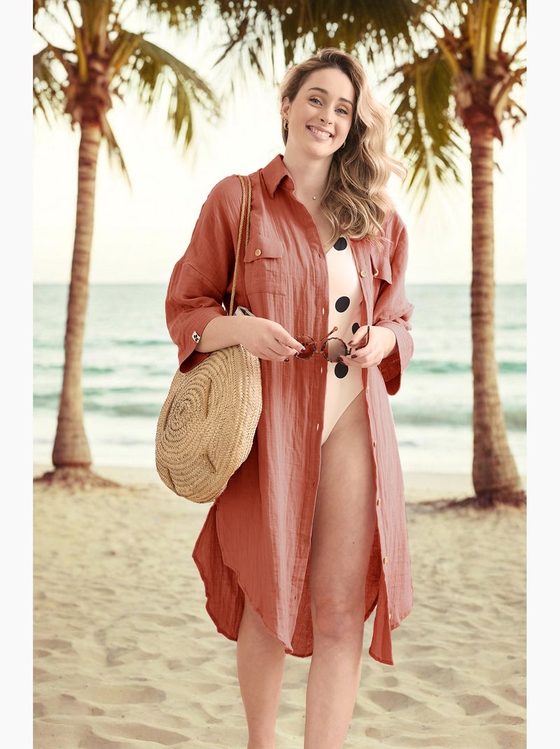 Tunique chemise femme double gaze de coton GAÏA – 100% coton – boutons coco Terracotta - Kiabi